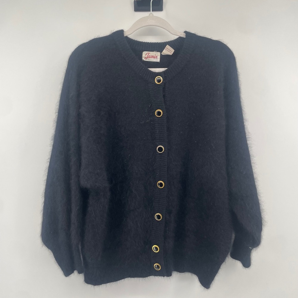 Jamie Cardigan Women M Black Angora Lambswool Fuzzy Gold Button Vintage Sweater
